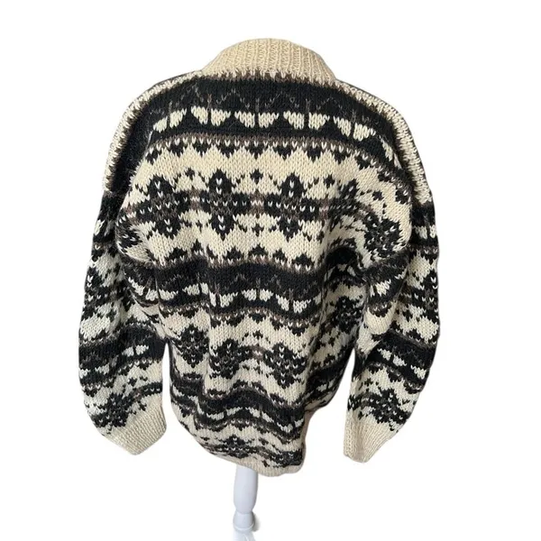 Vintage Nepal 100% Wool Fair Isle Hand Knit Cardigan Sweater L - Image 5