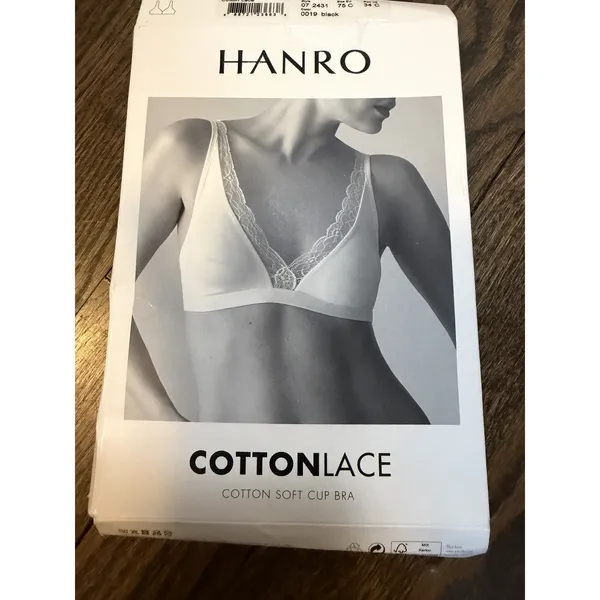 Hanro Cotton Lace Lace Trim Soft Cup Bra Black Sz 34C NWT $120 - Image 4