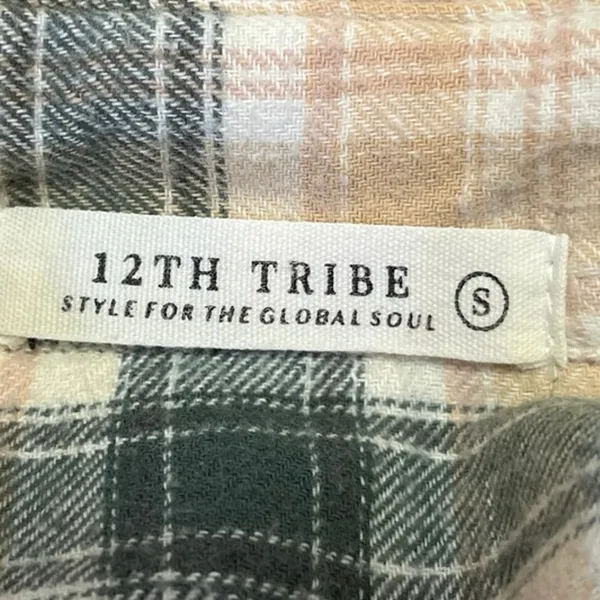12th Tribe Green Beige Plaid Checkered Flannel Button Down Shirt Blouse Top Sz S - Image 3