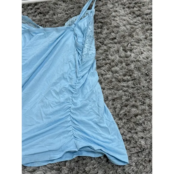 Vintage Y2K Light Blue Lace Trim Cami Top Ruched Bow Babydoll Tank Women’s S - Image 6