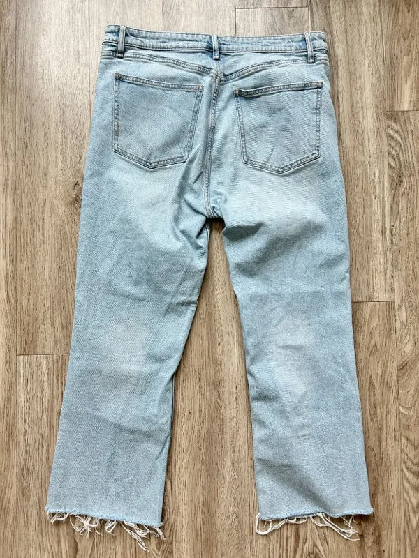 Zara High Rise Straight Leg Raw Hem Distressed Jeans Light Wash Size 14 - Image 5