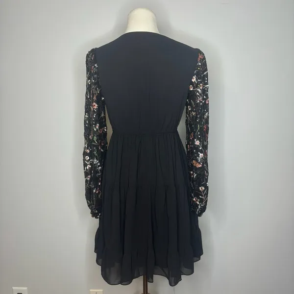 She + Sky - Mesh Long Sleeve Black Dress with Sequin Floral Details - Image 2