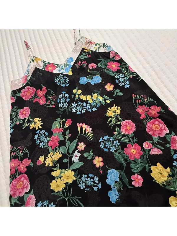 Betsey Johnson Chemise Slip Nightie L Large Black Multi Color Floral Ruffle Hem - Image 11
