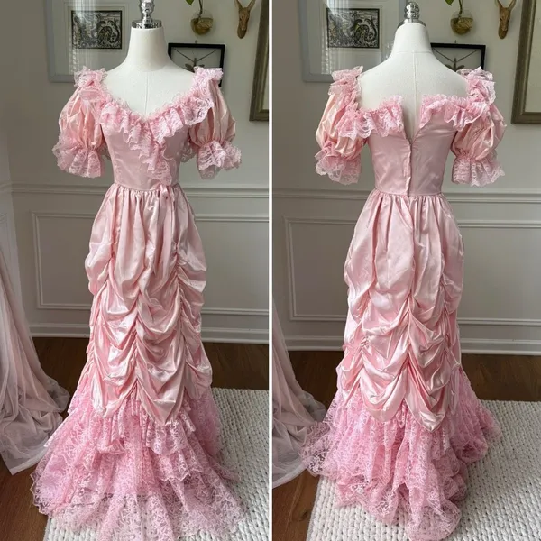 Vintage 80s Loralie Pink Southern Belle Bo Peep Prom Dress Gown XS - Image 2