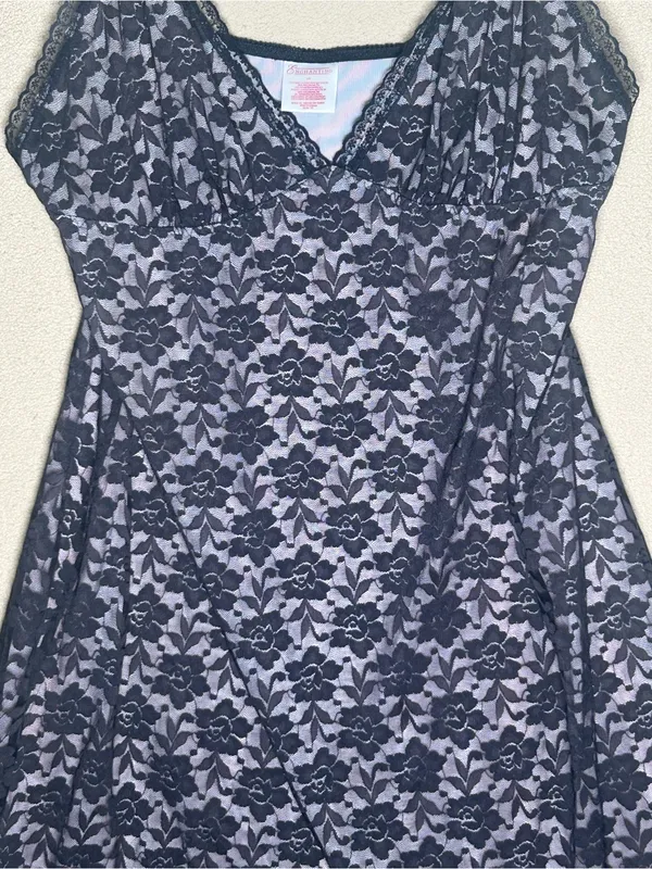 Black Lace Overlay V-Neck Chemise Slip dress - Lingerie fully lined Large - Image 2