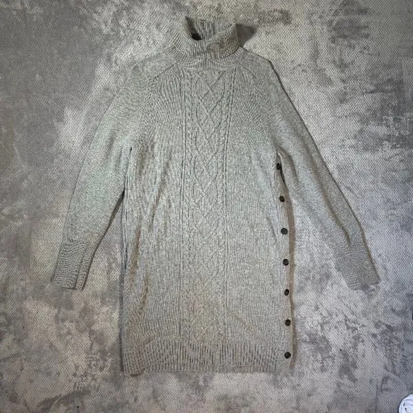 J. Crew Gray Cable-Knit Turtleneck Sweater Wool Blend Dress Large Knee Length - Image 2