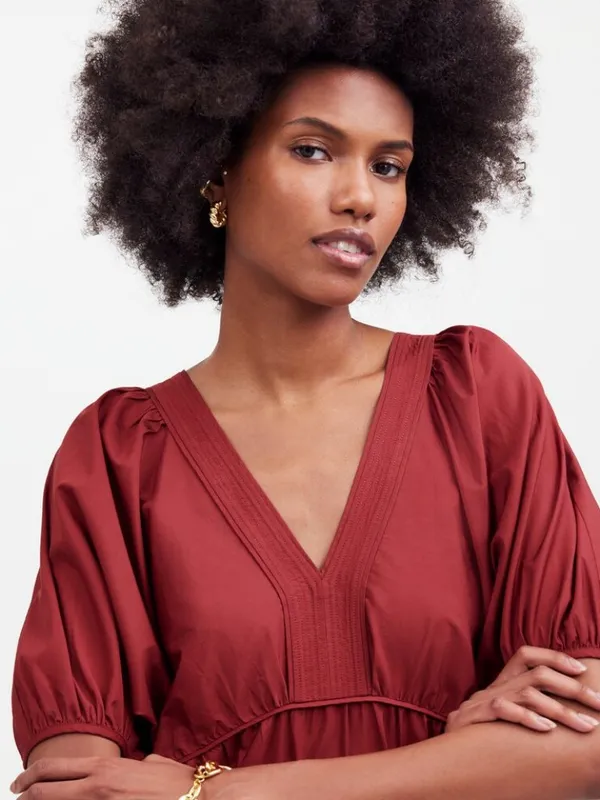 NWT Madewell Size Small Burgundy Puff-Sleeve Tiered Mini Dress in Poplin NEW - Image 5