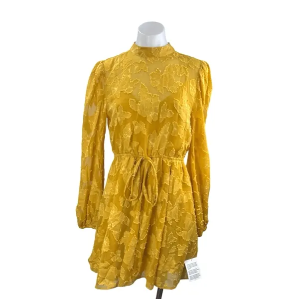 NEW Asos Mustard Yellow High Neck Long Puff Sleeve Fit & Flare Mini Dress Size 6 - Image 2
