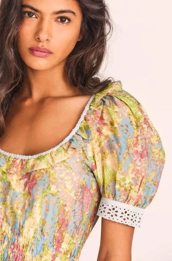 NWT $495 LoveShackFancy Pastel Fields Safiya Scoop Neck Mini Puff Sleeve Dress M - Image 3