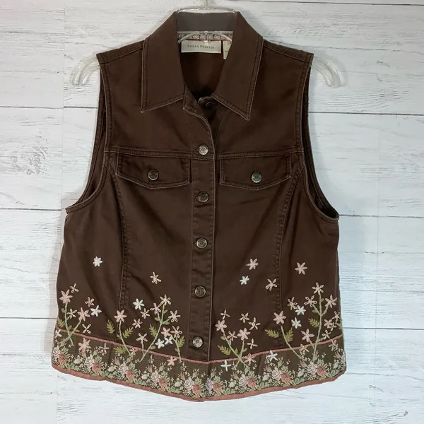 Vintage Susan Bristol Women’s Brown Corduroy Vest&pants set Floral Embroidery M - Image 7