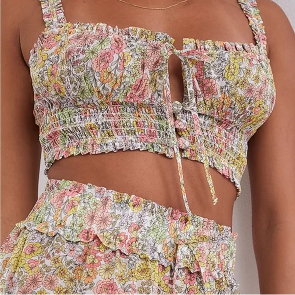 For Love and Lemons Esme Cami Crop Tank Top Pink Yellow Keyhole‎ Floral Small - Image 2