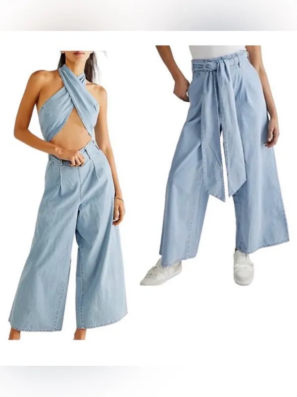 NWT Free People Size LARGE Sasha Convertible Wide Leg Jeans Pocket Jumpsuit - Image 2