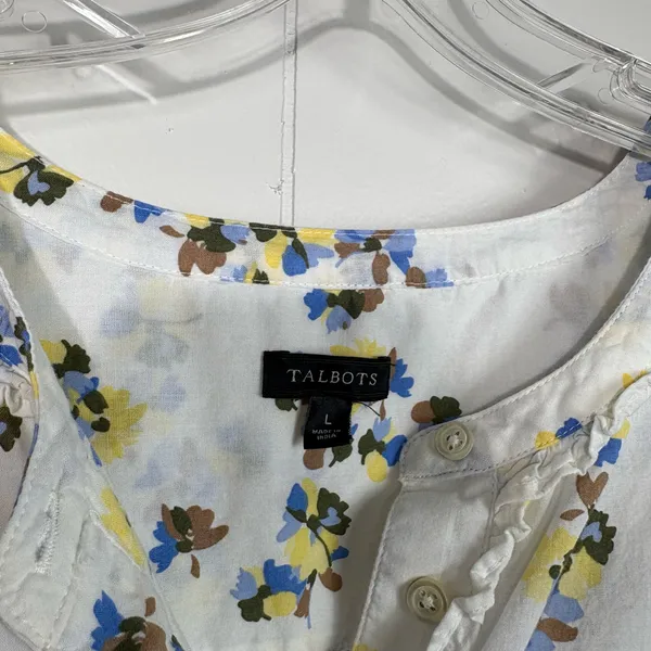 Talbots White Floral Ruffle Detail Button Down Lightweight Blouse Large L Cotton - Image 3
