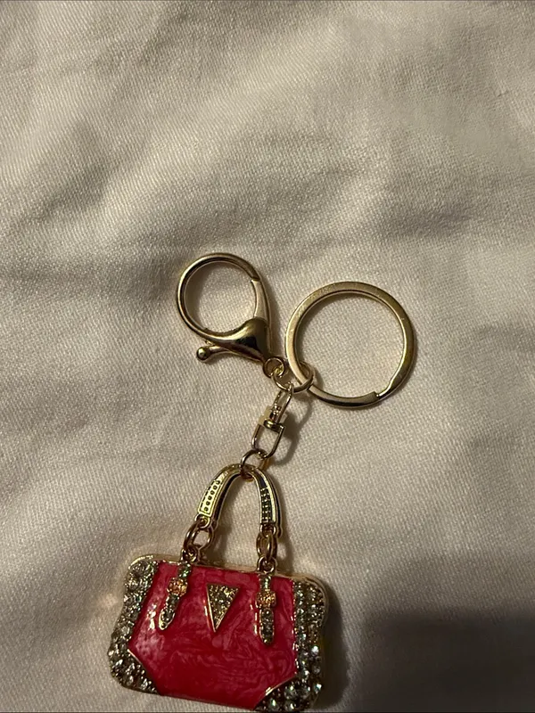 Gold-tone Keychain Charm with Pink Purse Accent - Image 2