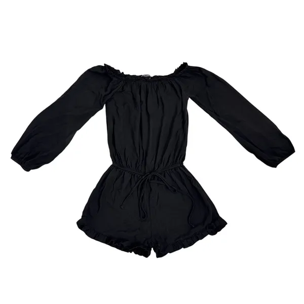 Brandy Melville Black Off The Shoulder Long Sleeve Stretch Ruffle Romper OS - Image 3