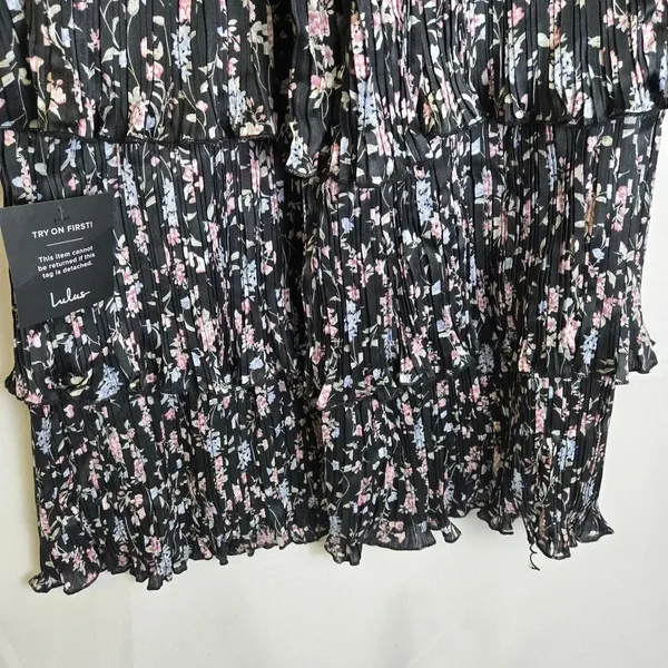 Lulus Quaint Cute Black Floral Pleated Tiered Mini Dress Lined XL New - Image 9