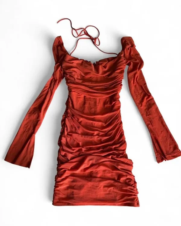 NWOT Hello Molly Rust Red Ruched Long Sleeve Mini Dress Small - Image 2
