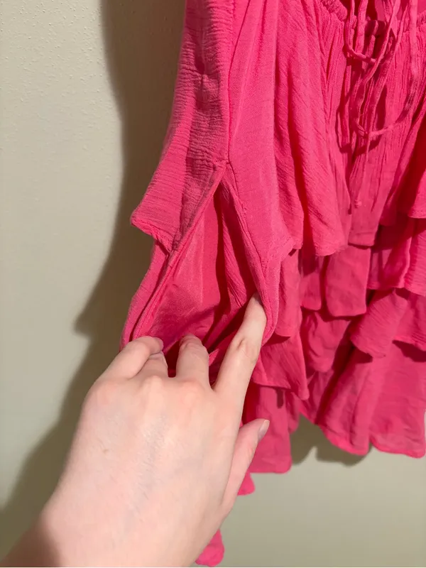 Hollister V-Neck Ruffle Tiered Mini Dress Lace Up Corset Back Hot Pink Medium - Image 9