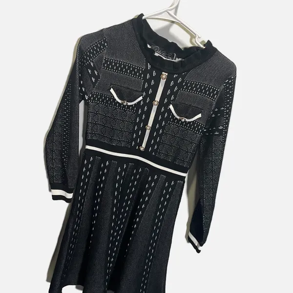 Dalia MacPhee Black‎ White Pearl Button Knit Long Sleeve Sweater Dress Large - Image 3