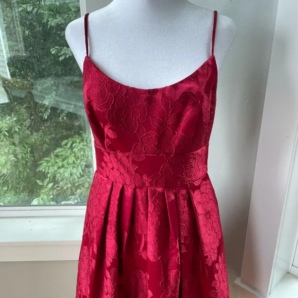 David’s Bridal Crimson Red Floral Jacquard Ballet Scoop Neck Homecoming Dress - Image 3