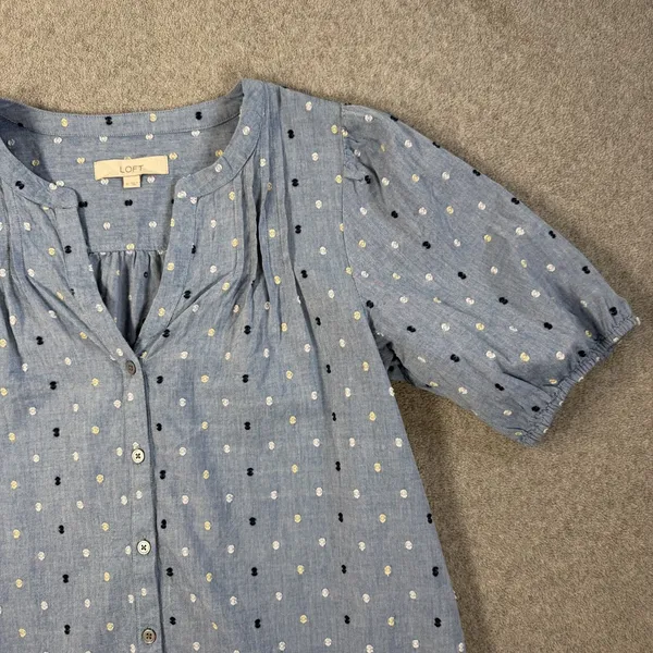 LOFT Women's Medium Blue Swiss Dot Chambray Button Front Dress Short Sleeve - Image 2