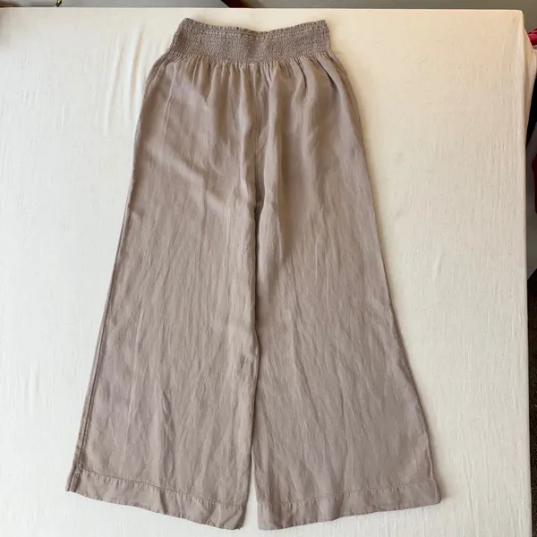 Calypso St. Barth Smocked Linen Blend Wide Leg Pants Womens L Tan Beachy Relaxed - Image 3