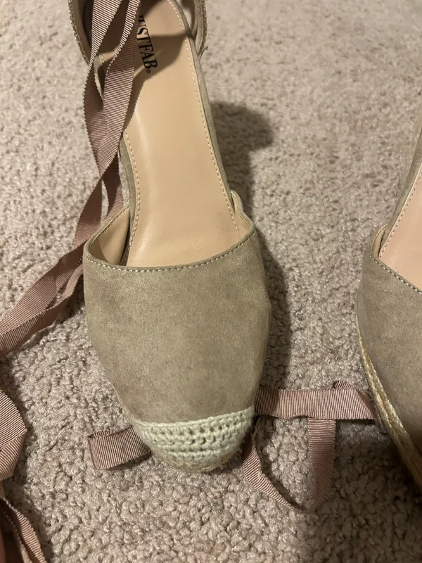 JustFab Taupe and Cream Espadrille Wedge Sandals with Ankle Wrap - Image 6
