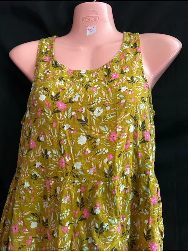 Floral Tiered Lightweight Maxi Dress in Mustard with Pink Floral Print SM - Image 7