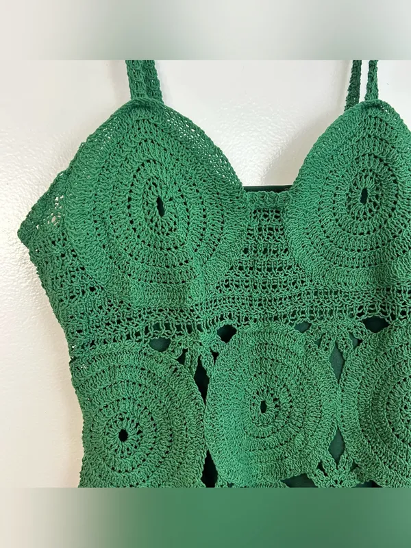 FORE Emerald Green Knit Crochet Sleevless Scallop Cotton Mini Dress Size Large - Image 4