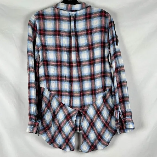 Olive & Oak Plaid Button Down Zipper Shoulder Split Tail Blouse Small - Image 2