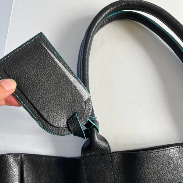 Black Deertan Cowhide Leather Tote Bag Teal Trim Classic‎ Minimalist Purse - Image 7