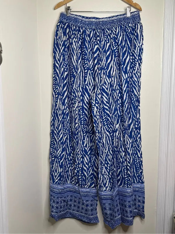 Millenium Wide Leg Pull On Pants Blue White Size 3x Rayon Resortwear Vacation - Image 3