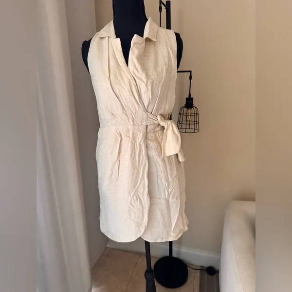 Anthropologie Linen Wrap Dress Cream Sleeveless Tie Waist XS - Image 3
