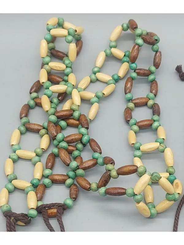 Boho Wood Beaded Tie Belt Green Brown Cream Adjustable Hippie Festival - Image 8