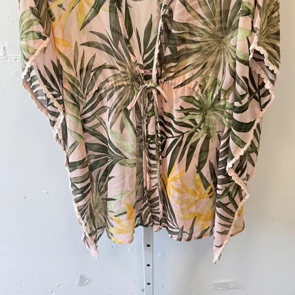 Francescas Tropical Palm Leaf Sheer Swim Cover Up Pink Green Small Crochet Trim - Image 6