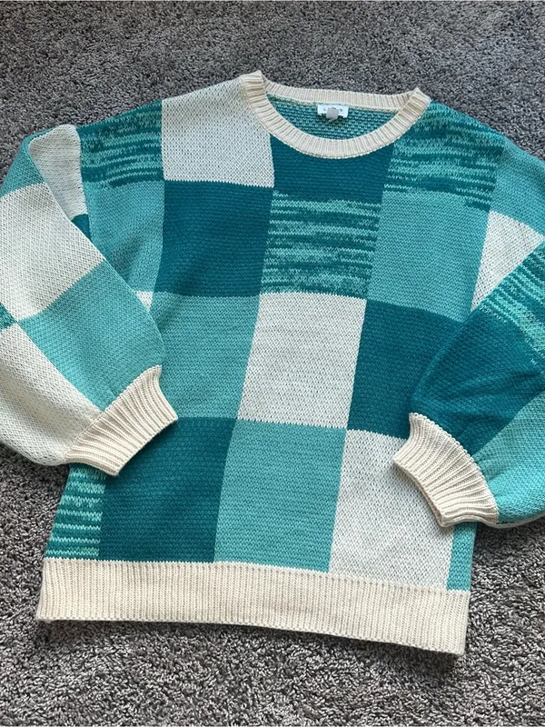 Le Lis Teal & Cream Checkerboard Crewneck Sweater - Image 2