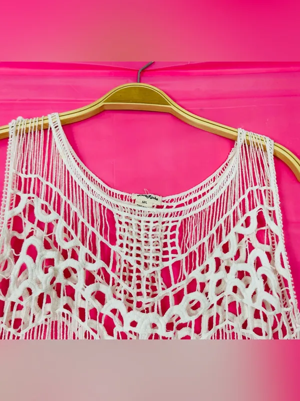 Love Riche White Crochet Fringe Swim Cover-Up with Pink Underlay - Image 7