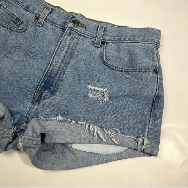 The Vintage Shop George High Waisted Rigid Denim Rolled Hem Distressed Cutoff Denim Shorts 32 Y2K - Image 3