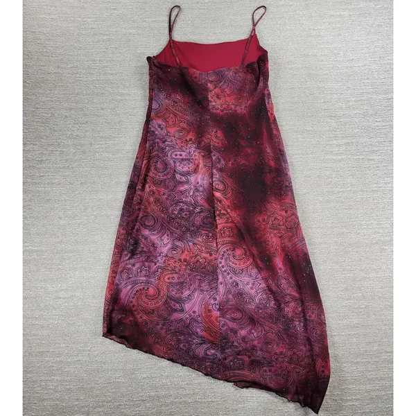 My Michelle Asymmetrical Slip Dress Large Red Glitter Y2K Paisley Fairy Grunge - Image 3