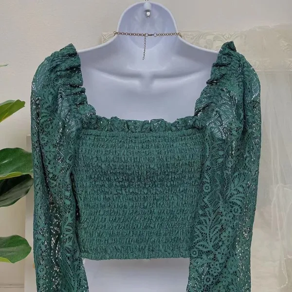 Bellevue Charlotte Green Lace Smock Ruffle Casual Blouse Top Size Small NWT - Image 4