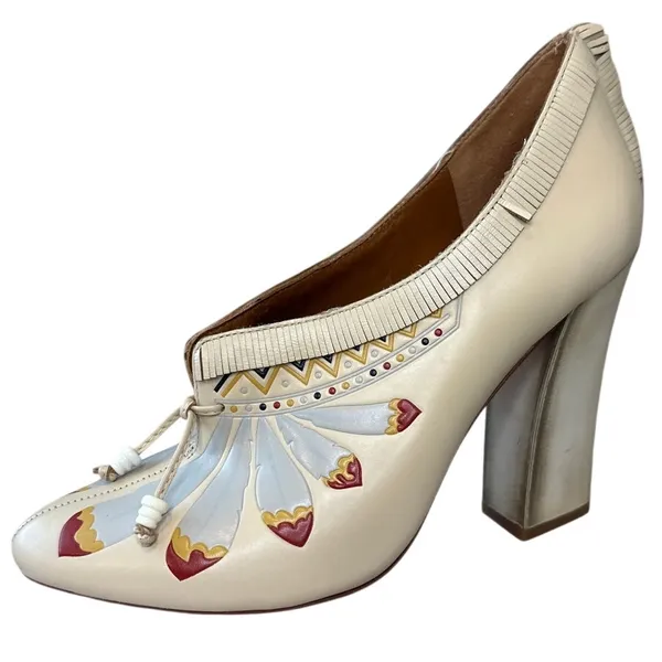 Tory Burch Yuma Fringe Feather Heel 7.5 Folk Art Block‎ Pump - Image 8