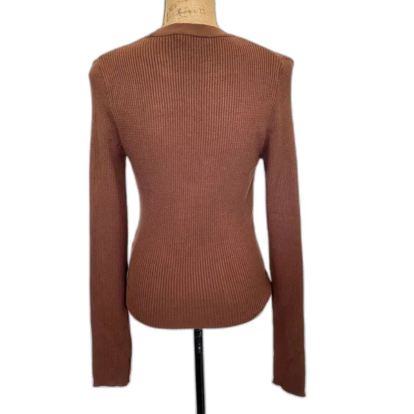 NA-KD Ribbed Knitted Round Neck Sweater Brown Neutral Stretch Size‎ Large - Image 3