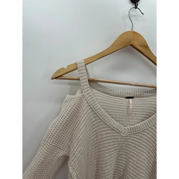 Free People‎ Cream Moonshine V Neck Sweater Cold Shoulder Distressed Small FW26 - Image 6