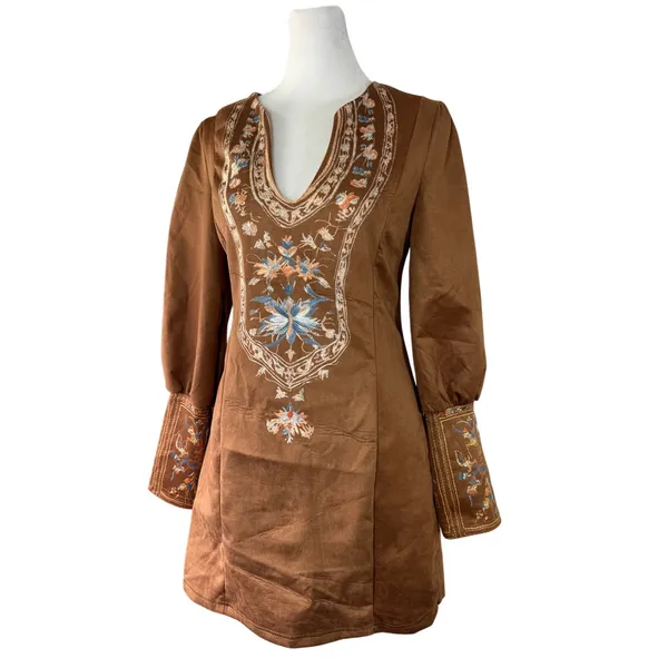 Brown Floral Print V-Neck Long Sleeve Bodycon Mini Dress - Image 2