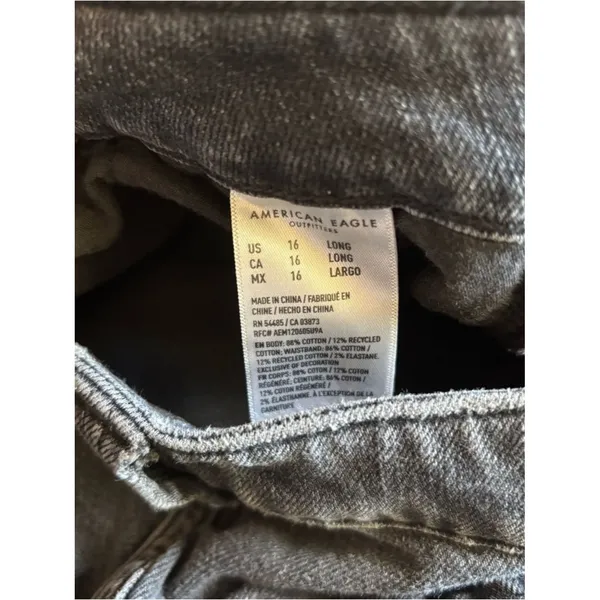 American Eagle Wide Leg Cargo Jeans Black High Rise Raw Hem 16 Long - Image 4