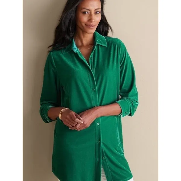 Soft Surroundings Green Velvet Button Up Blouse Sz.L - Image 2