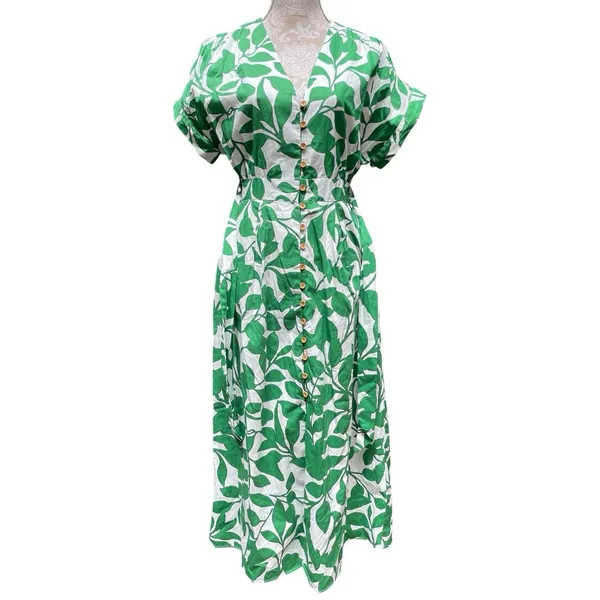 Coastal White Green Botanical Cotton Maxi Shirt Dress Belted Pockets Zara M - Image 12
