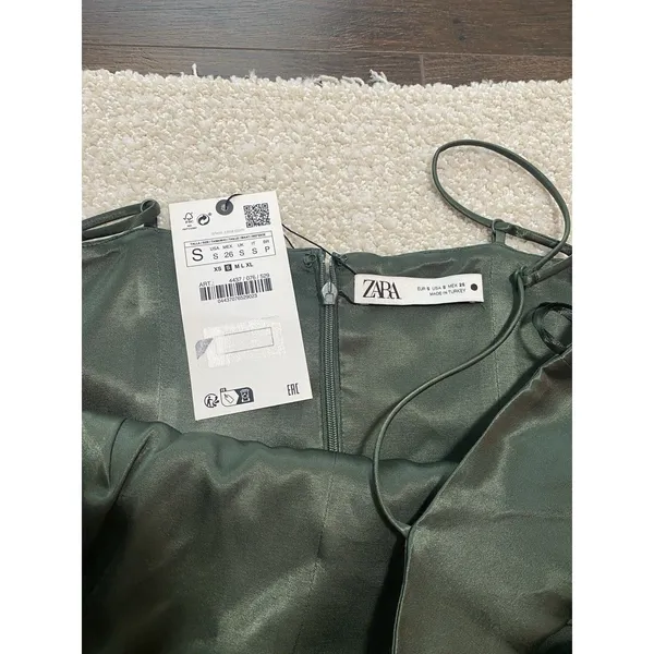ZARA Green Satin Ruched Sweetheart Slip Midi Dress Spaghetti Strap Size S - Image 9