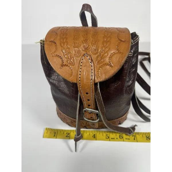Brown/Tan Floral Tooled Embossed Mini Backpack Drawstring Flap Buckle Silver - Image 6