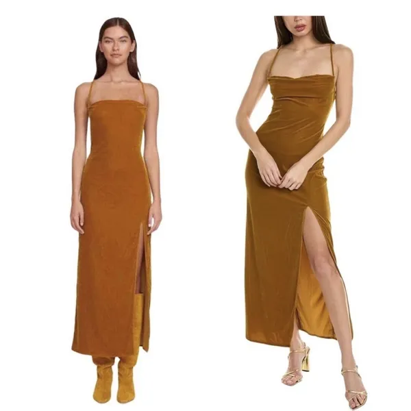 $426 Staud Women's Brown Bellamy Lace-Up Back Velvet Midi Dress Size Small - Image 2